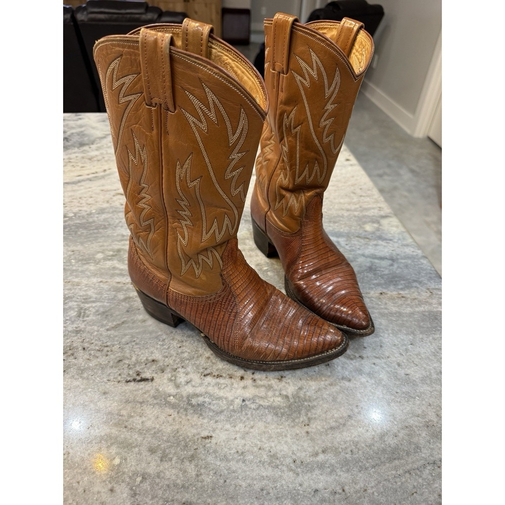 VTG Nocona Boots Brown Teja Lizard Skin Vamps Leather Cowboy 9009 Sz 9.5 D